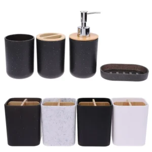 1PC Black Bathroom Accessories Set – Toothbrush Holder, Lotion Dispenser & Soap Box with Bamboo Cover
