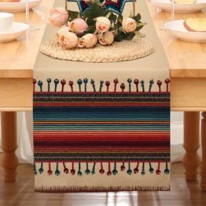 Bohemian Mandala Table Flag – Ethnic Stripe Linen Tablecloth Home Décor (Multi Size)