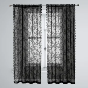 Black Lace Sheer Curtain – Floral Pattern Airy Sunscreen Window Panel, Washable & Tear-Resistant