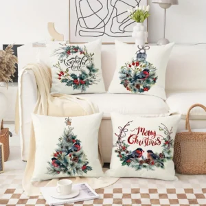 Christmas Bird & Wreath Throw Pillow Cover – Festive Holiday Home Décor (1PC)