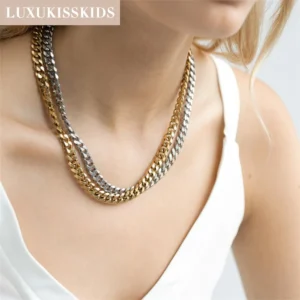 Stainless Steel Chunky Link Chain Necklace – Gold Figaro Cuban Choker
