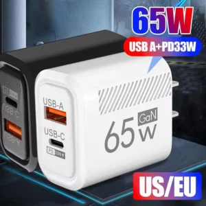 65W GaN USB-C Fast Charger – EU/US Plug PD & QC3.0 Wall Adapter