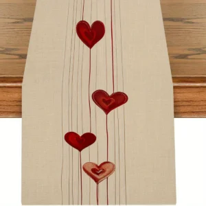 Modern Heart Table Runner – Red Striped Valentine & Wedding Linen Decor