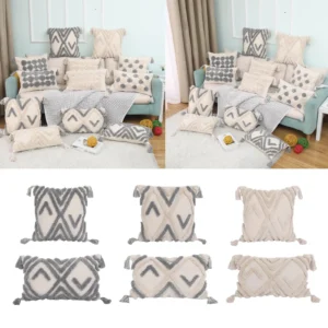 Boho Beige Geometric Tufted Cushion Cover with Tassels – Decorative Pillow Cover with Hidden Zipper
