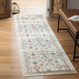 Boho Flannel Area Rug – Vintage Floral Hallway & Bedroom Carpet, Washable