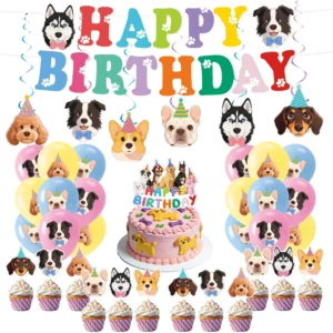 Cartoon Dog Birthday Party Set – Backdrop Banner, Cake Topper & Balloons for Kids