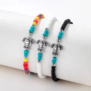 Sea Turtle Rainbow Beaded Anklet – Adjustable Elastic Beach Jewelry for Women
