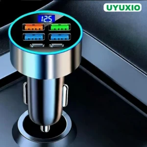 UYUXIO 6-in-1 USB-C Car Charger Adapter – Fast Charge with Voltage Display for iPhone & Samsung