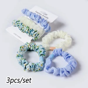 3Pcs Chiffon Flower Scrunchies – Colorful Elastic Hair Ties for Girls