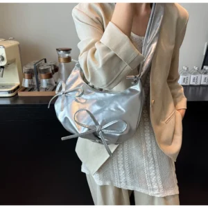 Bow Kawaii Handbag – Large Capacity Shoulder Bag with Pleated Straps for Women