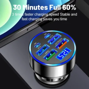 6-in-1 Car Charger with Digital Display – Multi-Port Fast USB Car Adapter